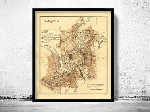 Old Map of Chattanooga, Tennessee 1863  | Vintage Poster Wall Art Print |