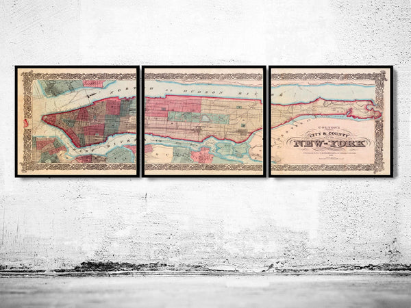 Old Map of New York 1867 Manhattan (3 PIECES)  | Vintage Poster Wall Art Print |