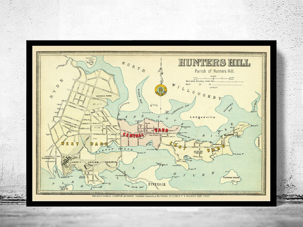 Vintage Map of Hunters Hill 1890 Australia  | Vintage Poster Wall Art Print |