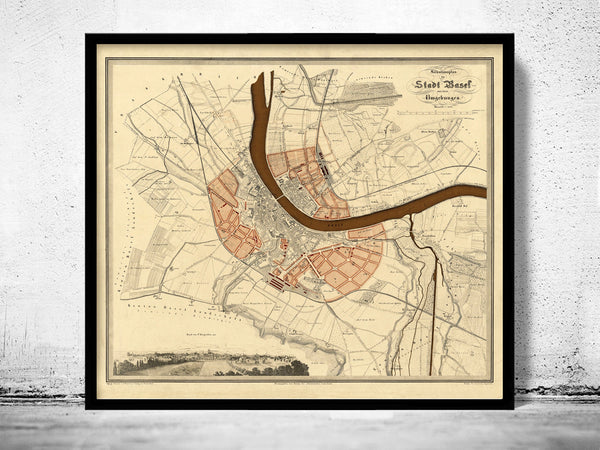 Old Map of Basel Basilea, Switzerland Suisse 1860  | Vintage Poster Wall Art Print |