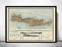 Old Map of Crete Island Greece Creta 1897  | Vintage Poster Wall Art Print |