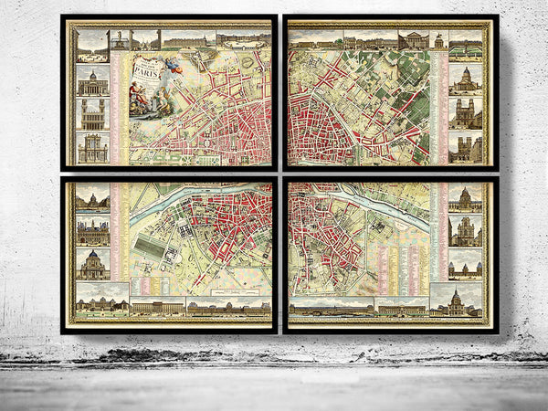 Old Map of Paris France 1784 Vintage Map - 4 PIECES  | Vintage Poster Wall Art Print |