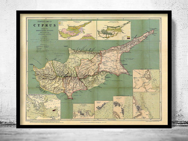 Old Map of Cyprus 1878  | Vintage Poster Wall Art Print |