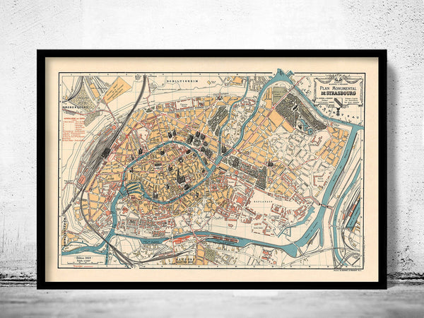 Old Map of Strasbourg Strassburg France  | Vintage Poster Wall Art Print |