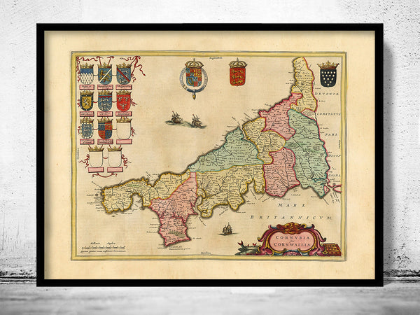 Old Map of Cornwall 1665 England United Kingdom  | Vintage Poster Wall Art Print |