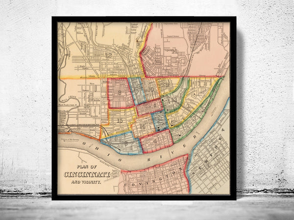 Old Map of Cincinnati 1860  | Vintage Poster Wall Art Print |