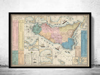 Old Map of Sicily Sicilia, Italia 1847  | Vintage Poster Wall Art Print |