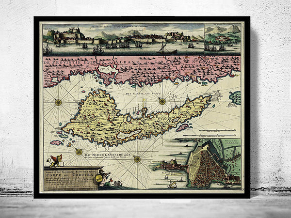 Old Map of Corfu Island Greece 1730  | Vintage Poster Wall Art Print |