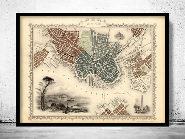 Old Map of Boston Massachusetts 1851  | Vintage Poster Wall Art Print |