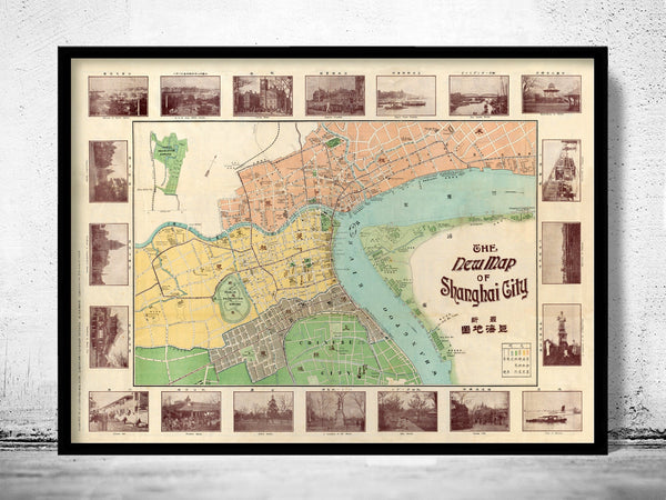 Old Map of Shanghai 1908 China  | Vintage Poster Wall Art Print |