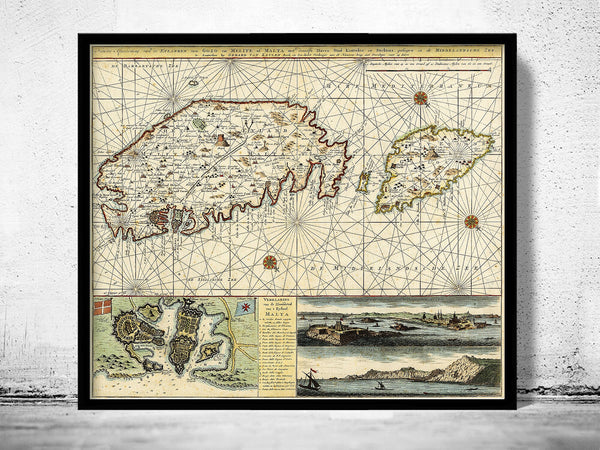 Old Map of Malta Island 1734 medieval engraving  | Vintage Poster Wall Art Print |