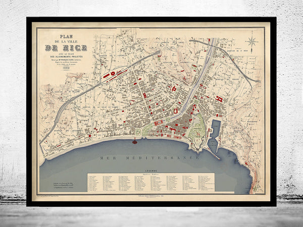 Old Map of Nice France 1882 Vintage Map  | Vintage Poster Wall Art Print |