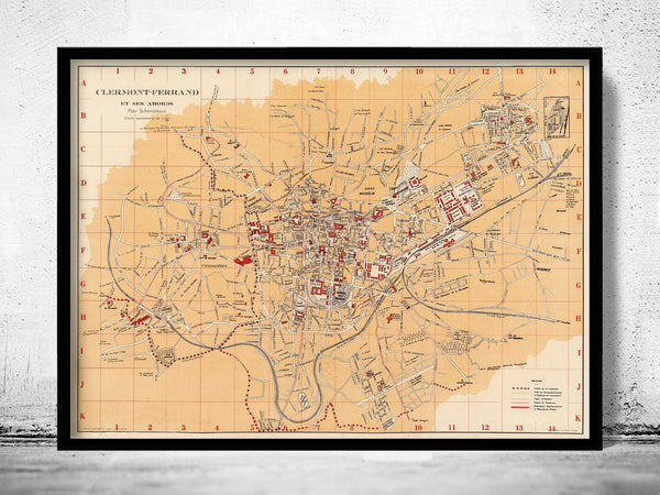 Old Map of Clermont Ferrand 1933 France Vintage Map  | Vintage Poster Wall Art Print |