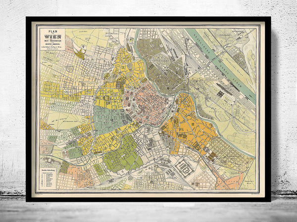 Old Map of Vienna Wien  Austria 1883  | Vintage Poster Wall Art Print |