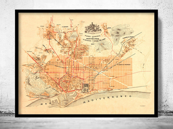 Old Map of Barcelona Spain Catalunya 1911 Vintage Map  | Vintage Poster Wall Art Print |