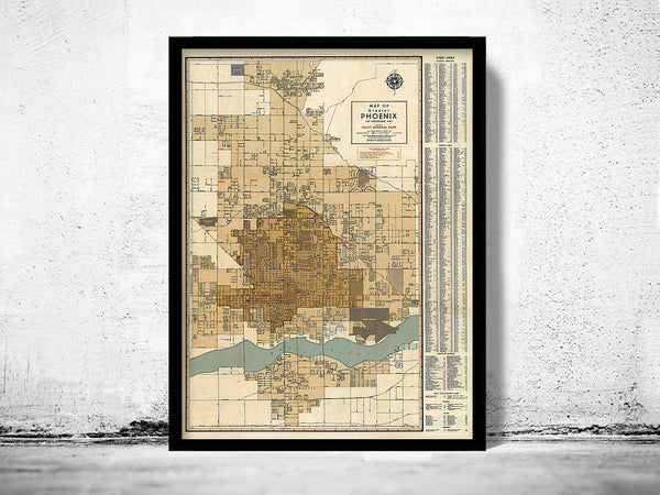 Old map of Phoenix Arizona 1947 Vintage Map  | Vintage Poster Wall Art Print |