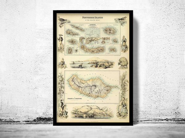 Old Map of Açores Azores and Madeira Islands 1876,  Portuguese islands  | Vintage Poster Wall Art Print |