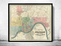 Old Map of Cincinnati and Suburbs Covington and NewPort 1880 Vintage Map | Vintage Poster Wall Art Print |