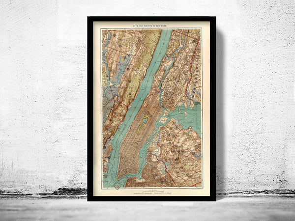 Old Map of New York and Manhattan Bronx Brooklyn  1891  | Vintage Poster Wall Art Print |