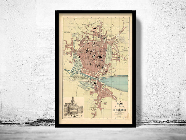 Old Map of Saint Quentin France 1871  | Vintage Poster Wall Art Print |