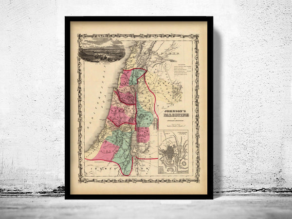 Old Map of Palestine Jesus 1860 Middle East Religious map  | Vintage Poster Wall Art Print |