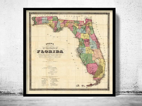 Vintage Map of Florida 1870  | Vintage Poster Wall Art Print |