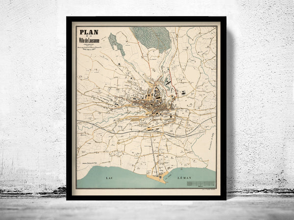 Old Map of Lausanne Switzerland Suisse 1875  | Vintage Poster Wall Art Print |