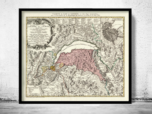 Old Map of Lake Geneva Lac Léman 1766  | Vintage Poster Wall Art Print |