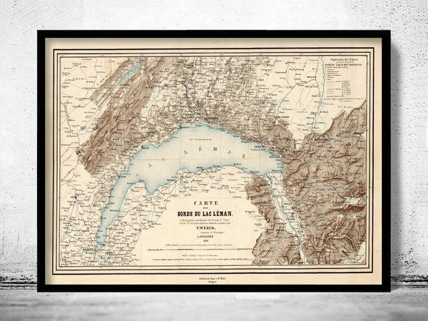 Old Map of Lake Geneva Lac Léman 1856  | Vintage Poster Wall Art Print |