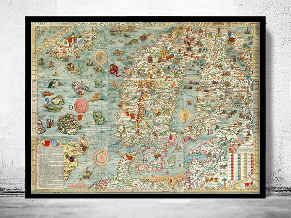 Old Vintage Map of Norway Sweden Scandinavia Antique Norwegen 1529 Olaus Magnus' detailed map of Scandinavia