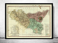 Old Map of Sicily Italy 1799 Vintage Map  | Vintage Poster Wall Art Print |