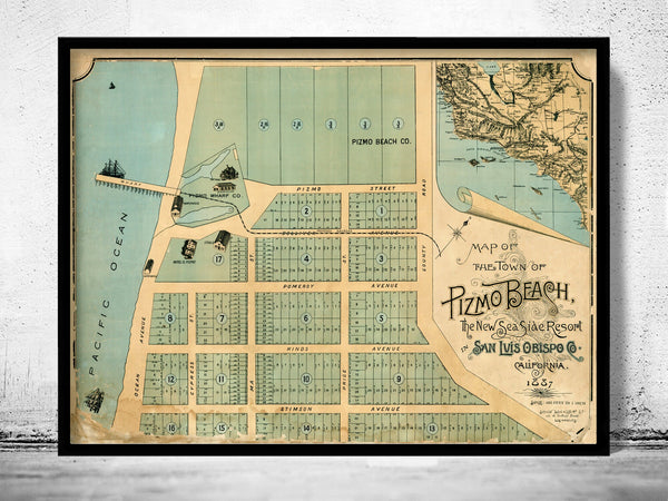 Old Map of Pismo Beach San Luis Obispo 1887 Vintage Map | Vintage Poster Wall Art Print |