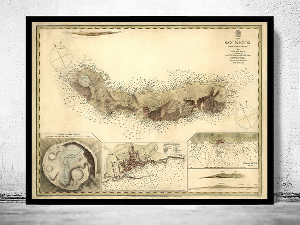 Old Map of San Miguel Açores Azores Islands 1870 São Miguel Açores and Ponta Delgada Map | Vintage Poster Wall Art Print |