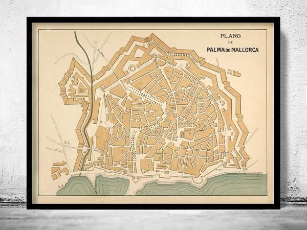 Old Map of Palma de Mallorca Maiorca Majorca 1905  | Vintage Poster Wall Art Print |