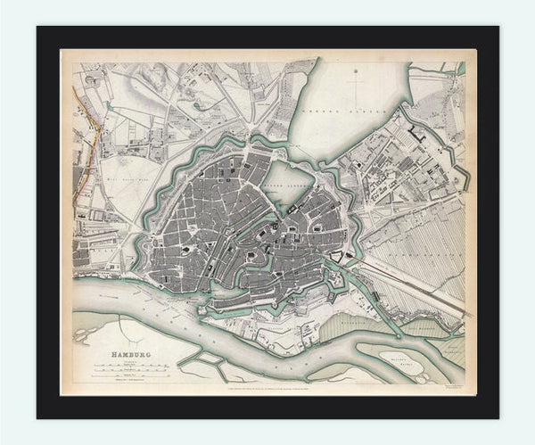 Old Map of Hamburg with gravures, Germany 1841 Vintage