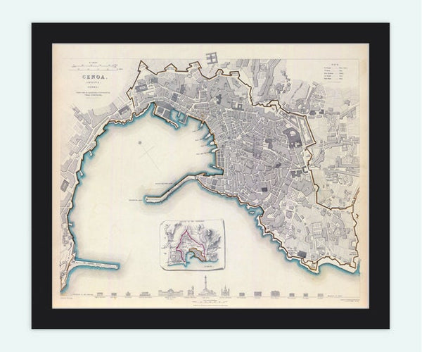 Old Map of Genova Genes Genoa , City Plan Italia 1836 Antique Vintage Italy  | Vintage Poster Wall Art Print |