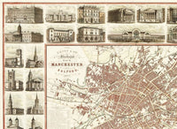 Old Map of Manchester with gravures England 1857 Vintage Map | Vintage Poster Wall Art Print |