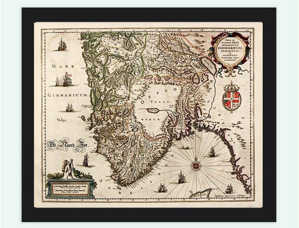 Old Vintage Map of Norway Norwegian 1638