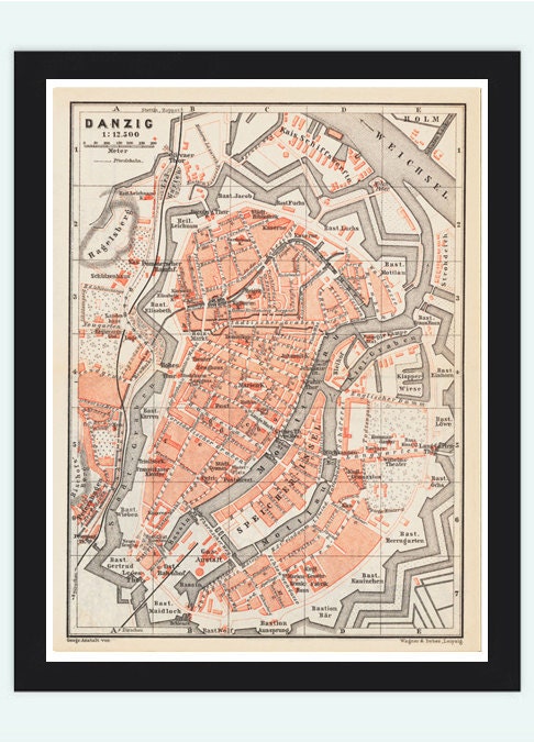 Old Map of Gdansk Poland 1880