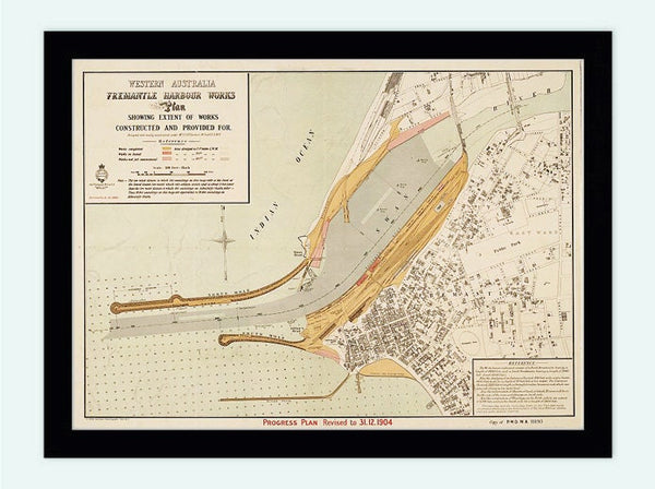 Vintage map of Fremantle Port Harbour and Perth, Australia 1904  | Vintage Poster Wall Art Print |