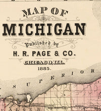 Old vintage map of Michigan 1885  | Vintage Poster Wall Art Print |