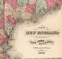 Old Map of New England 1871 vintage  | Vintage Poster Wall Art Print |