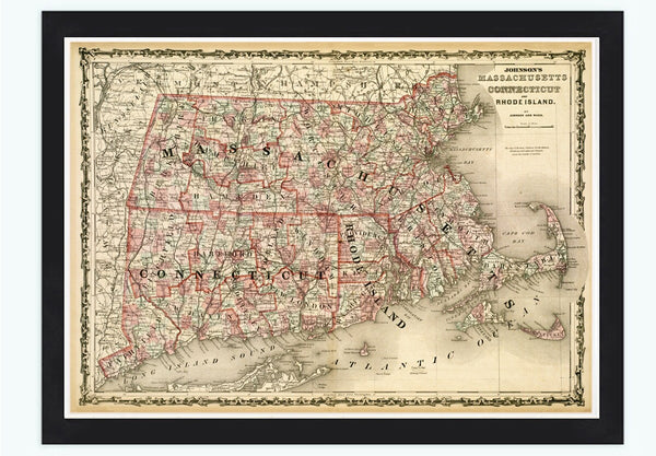 Old Map Massachusetts Connecticut 1864 United States of America