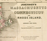 Old Map Massachusetts Connecticut 1864 United States of America