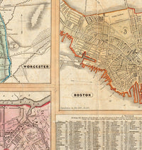 Old Map of Massachusetts 1839, Boston, Salem, Worcester,Lowell, Springfield