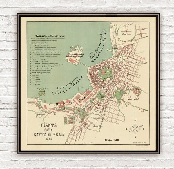 Old Map of Pola Pula 1898 Croatia  | Vintage Poster Wall Art Print |