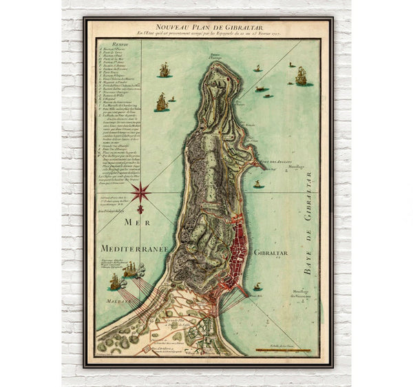 Old Map of Gibraltar Spain 1727  | Vintage Poster Wall Art Print |