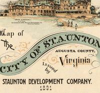 Old Map of Staunton, Augusta County, Virginia 1891  | Vintage Poster Wall Art Print |