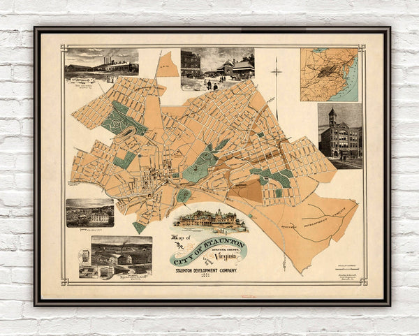 Old Map of Staunton, Augusta County, Virginia 1891  | Vintage Poster Wall Art Print |