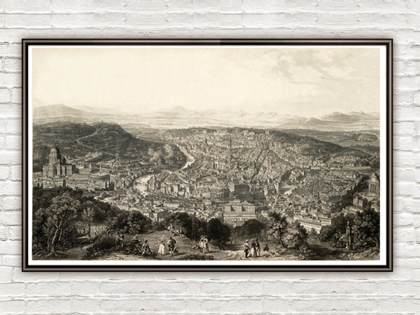 Old Panoramic View of Rome City. engraving. Italy 1860 Vatican  | Vintage Poster Wall Art Print |